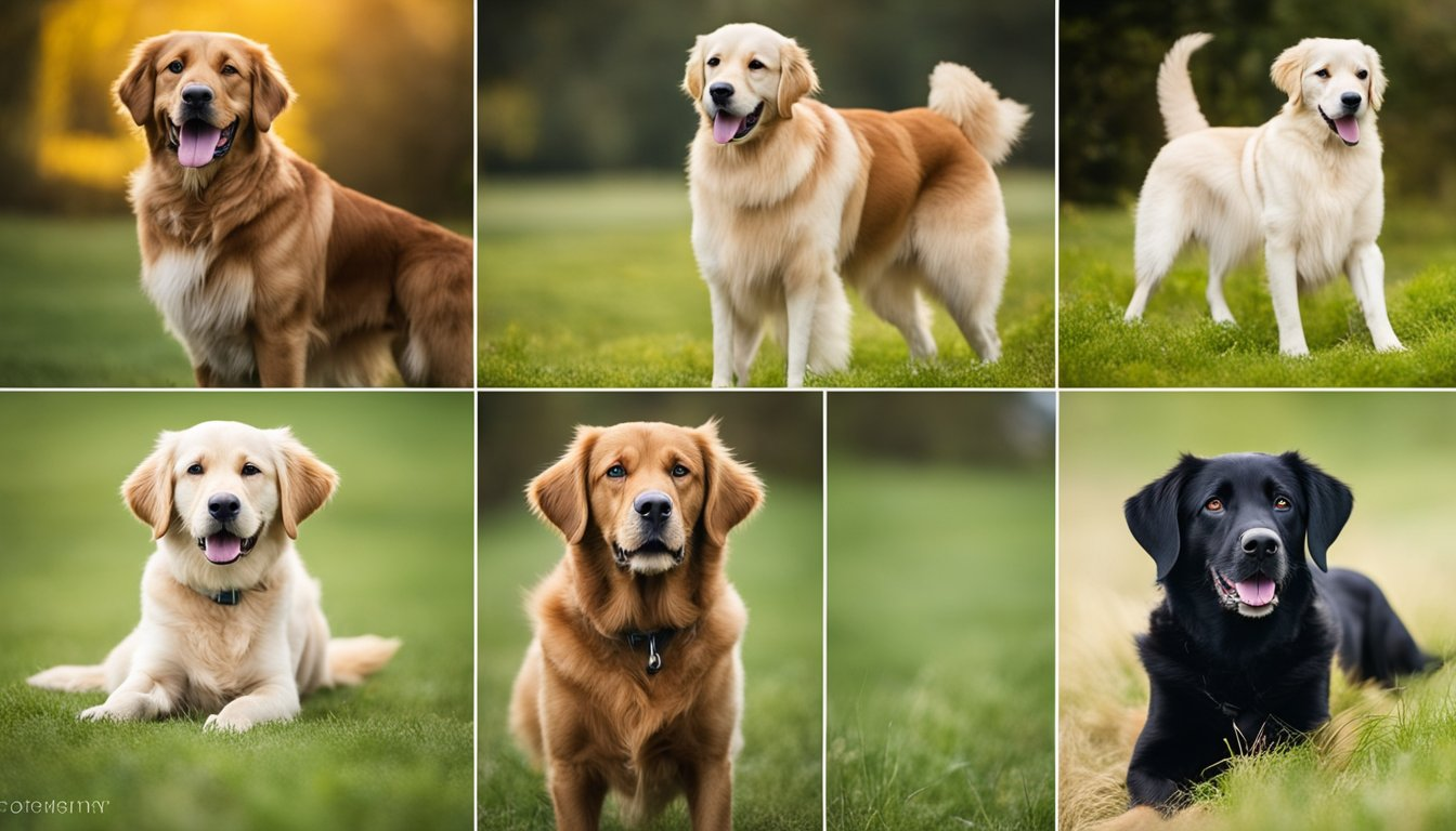 6 images of different breeds of retrievers in the ground full of grass