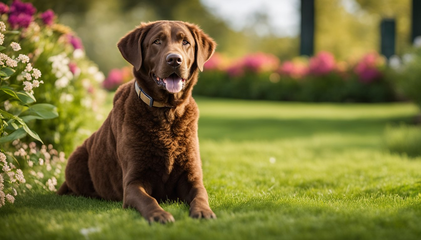 A chesapeake bay retriever lying down in a garden