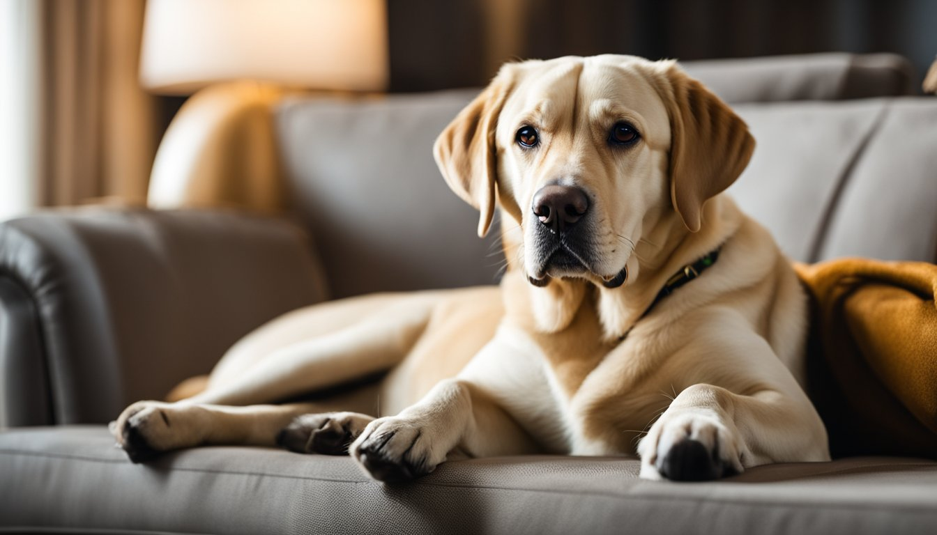A labrador retriever sitting in a couch