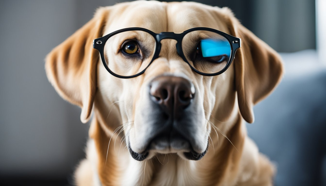 A labrador retriever wearing a black glasses