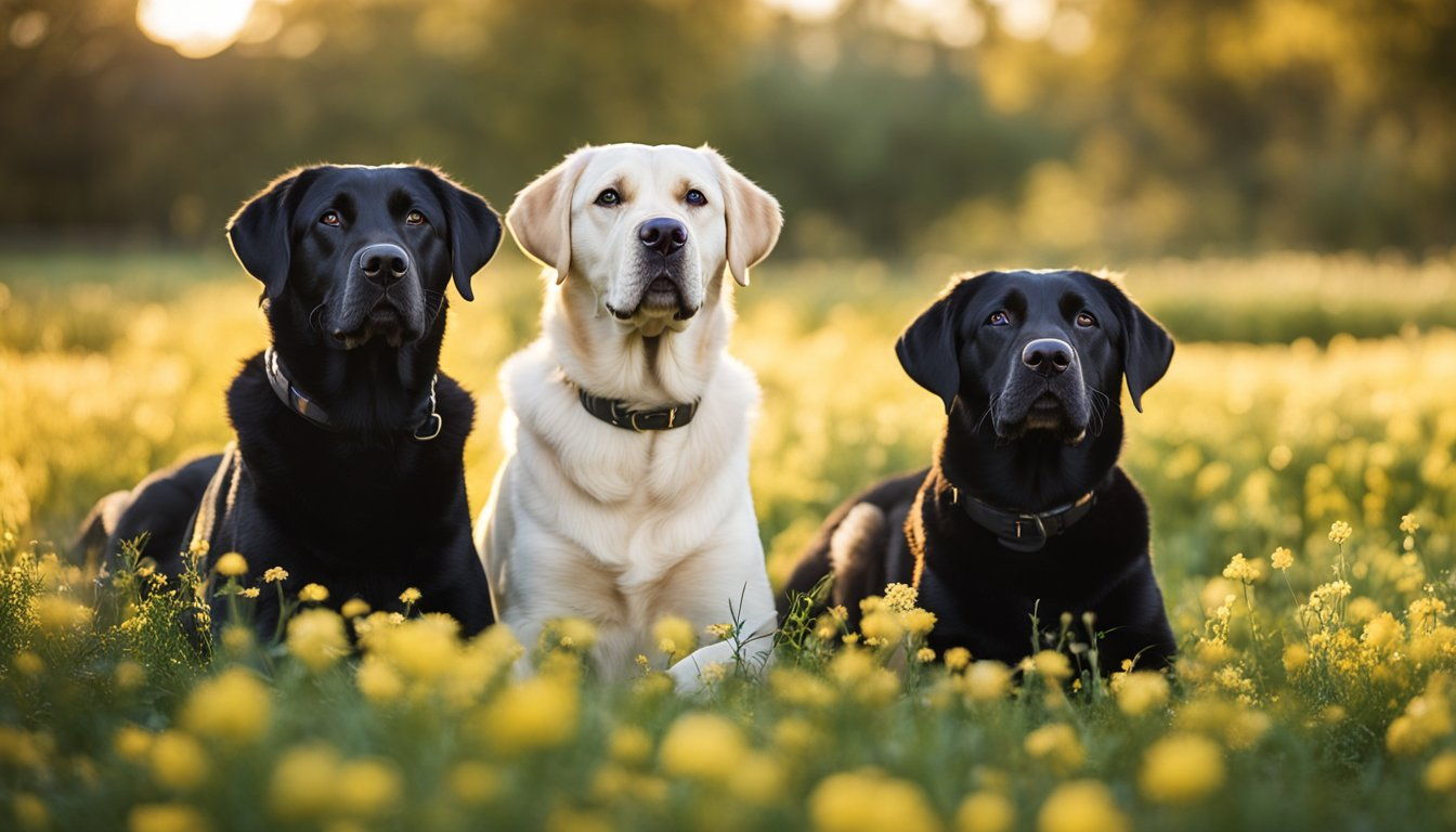 Three labrador retrievers lying down in a field of flowers