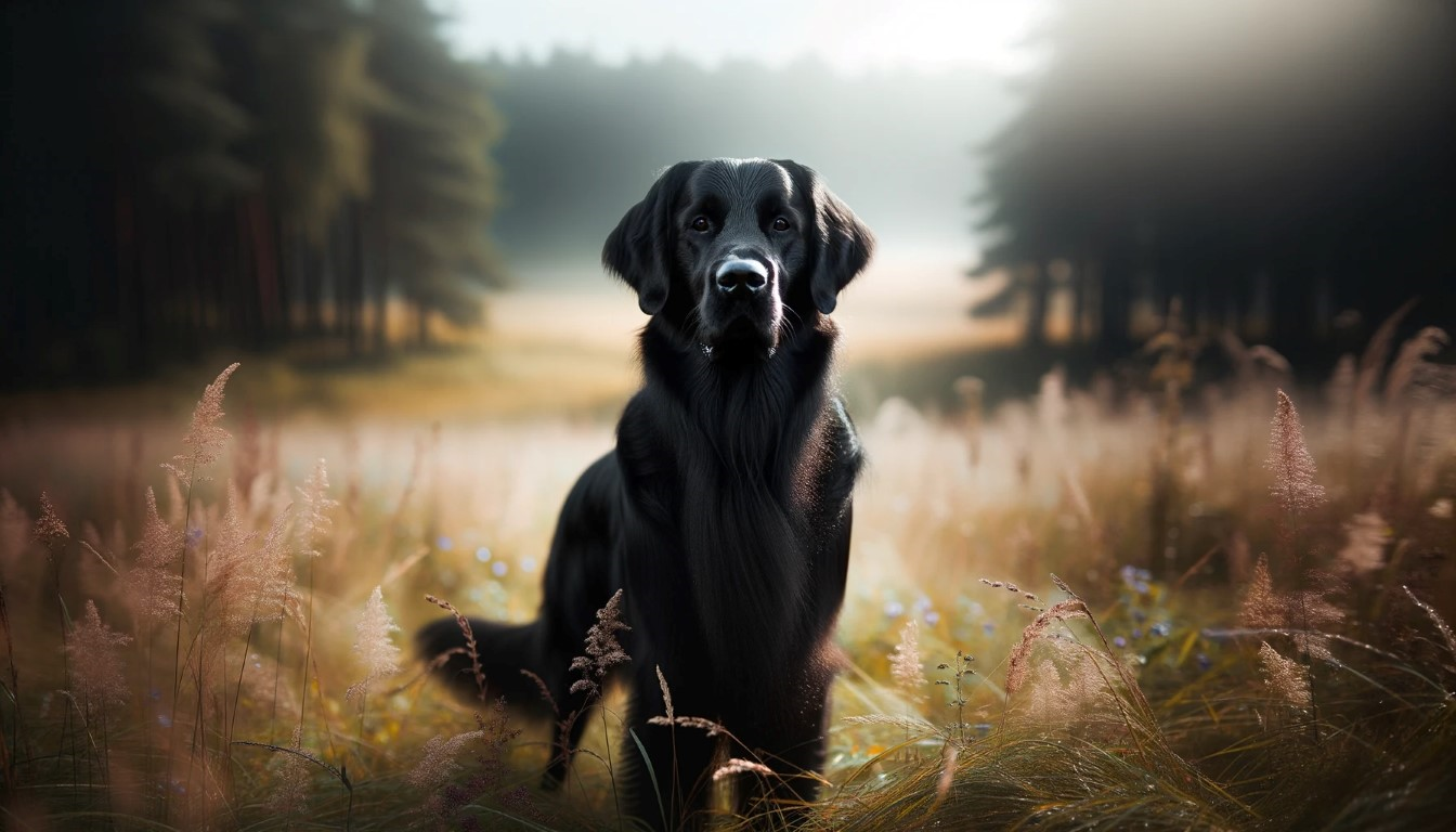 a black flat coated retriever standing in the middle of a grassy field with trees in the background
