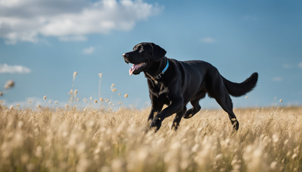 a black labrador retriever running on a field of grass