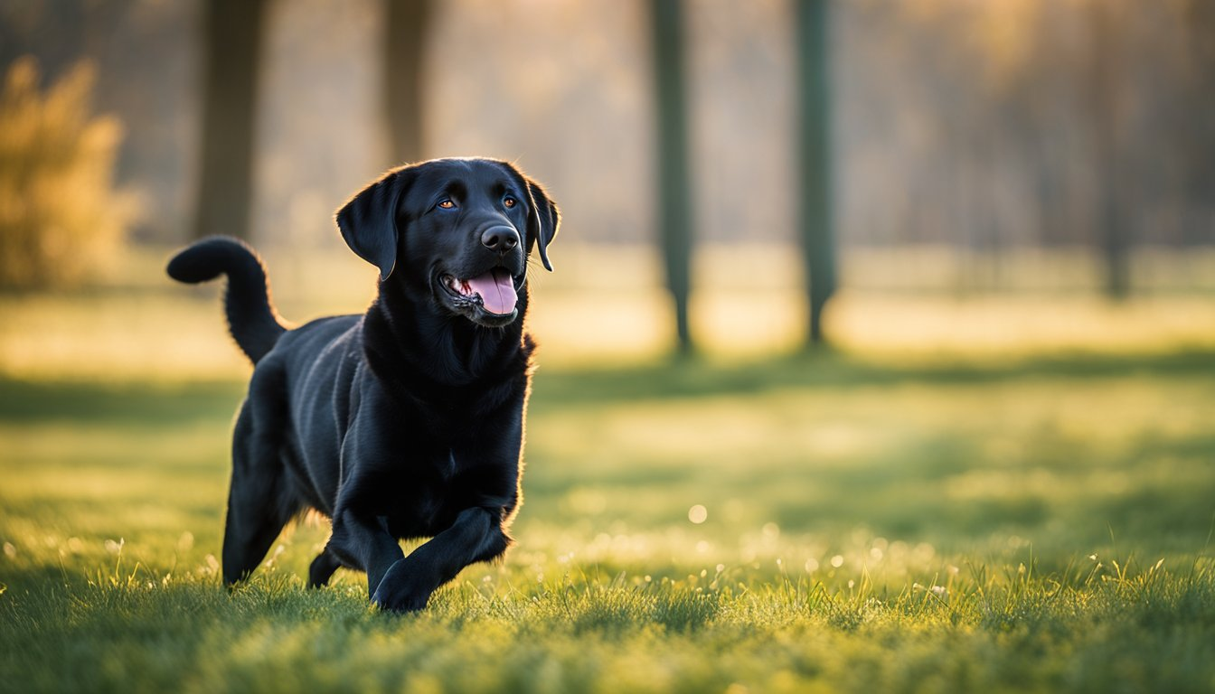 a black labrador retriever running on a field of grass with high energy level