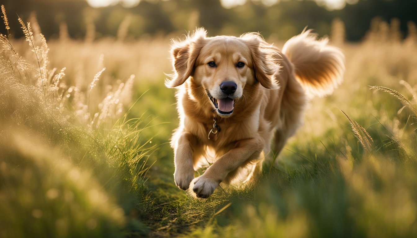 a happy golden retriever running on a grassy field