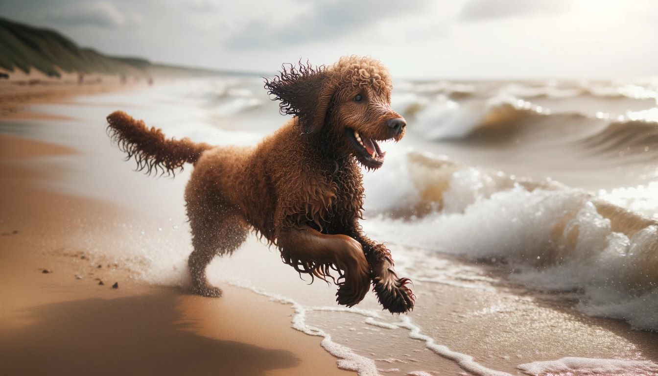 a photo of wet curly coated retriever running on the beach