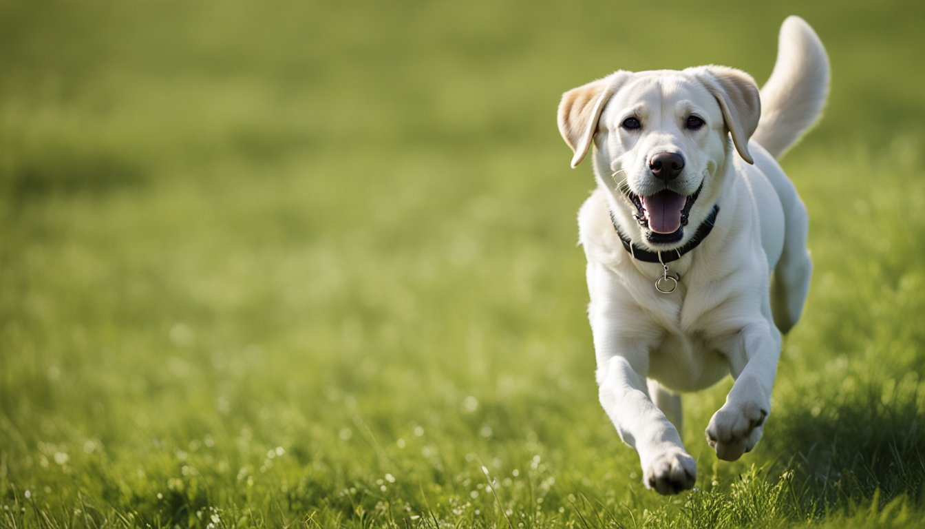 a white labrador retriever running on the grass field