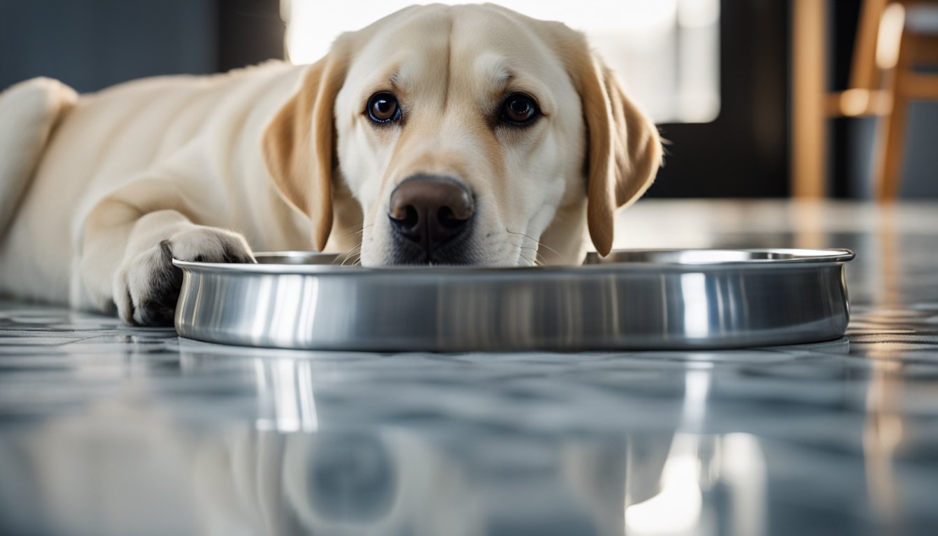 a yellow labrador retriever eating food on a stainless steel pet bowl