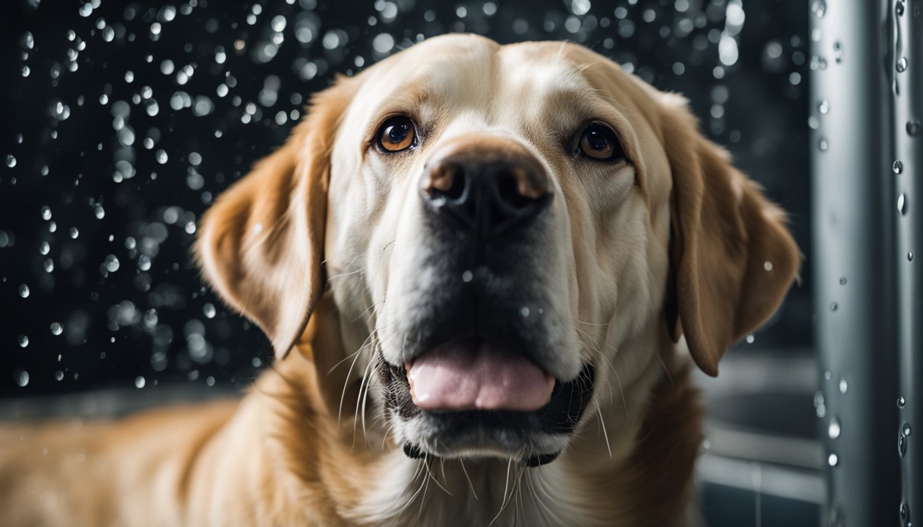 a yellow labrador retriever in close up with water droplets in background