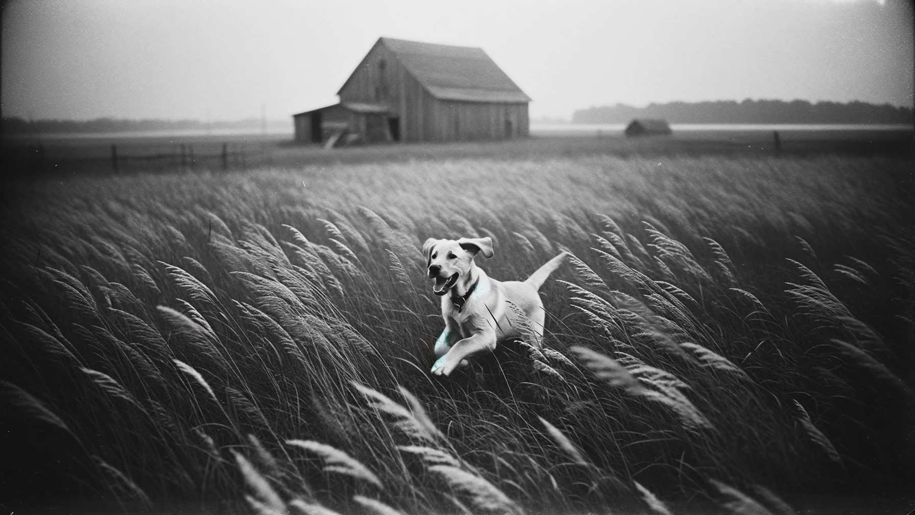 black-and-white-photo-of-labrador-retriever-puppy-running-in-the-fields