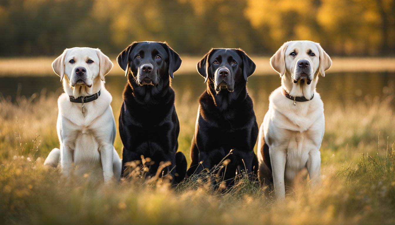 four Labrador retriever with different coat colors sitting on a grassy field
