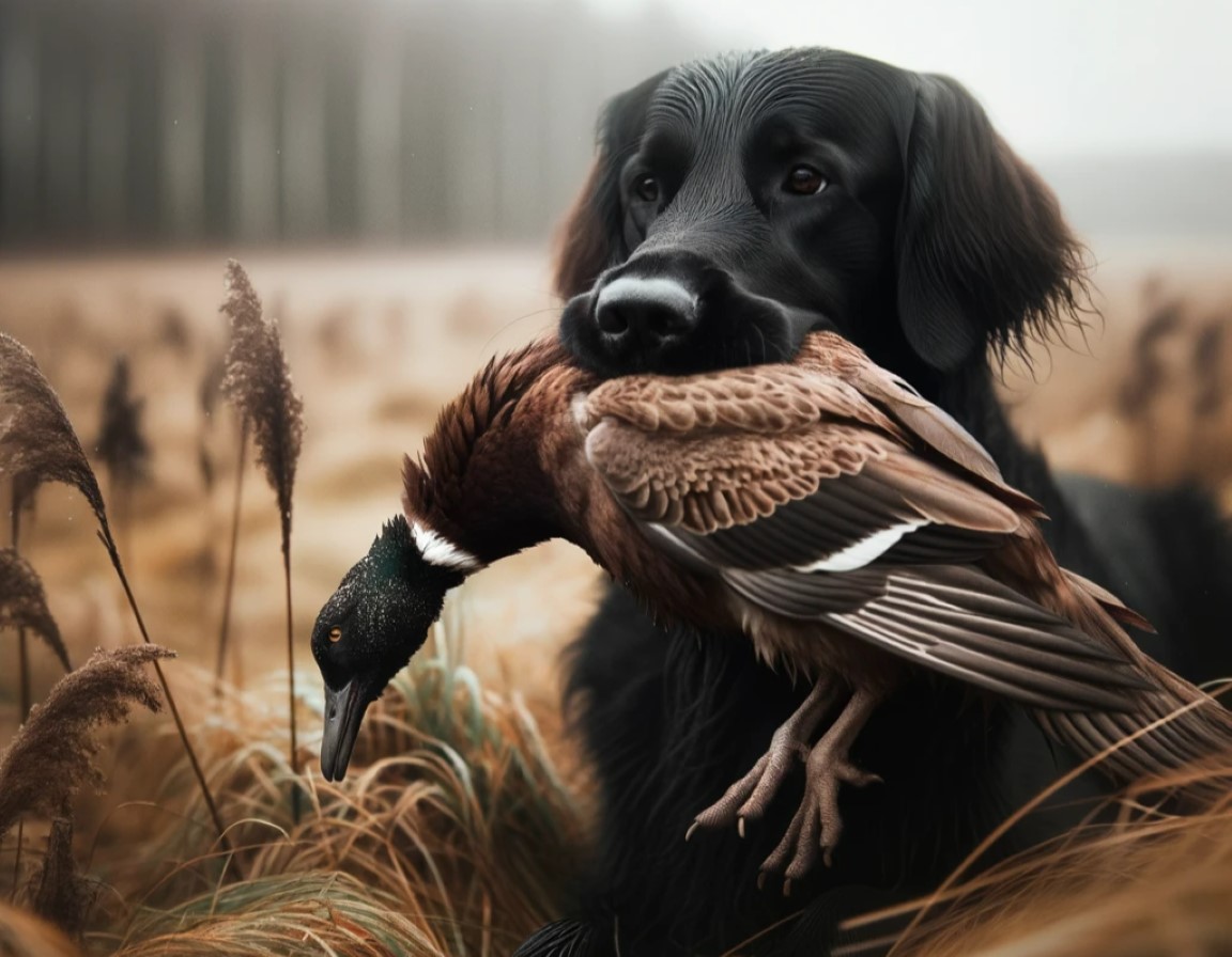 a photo of a black flat coated retriever biting a hunted bird in a grassy field with a forest in the background