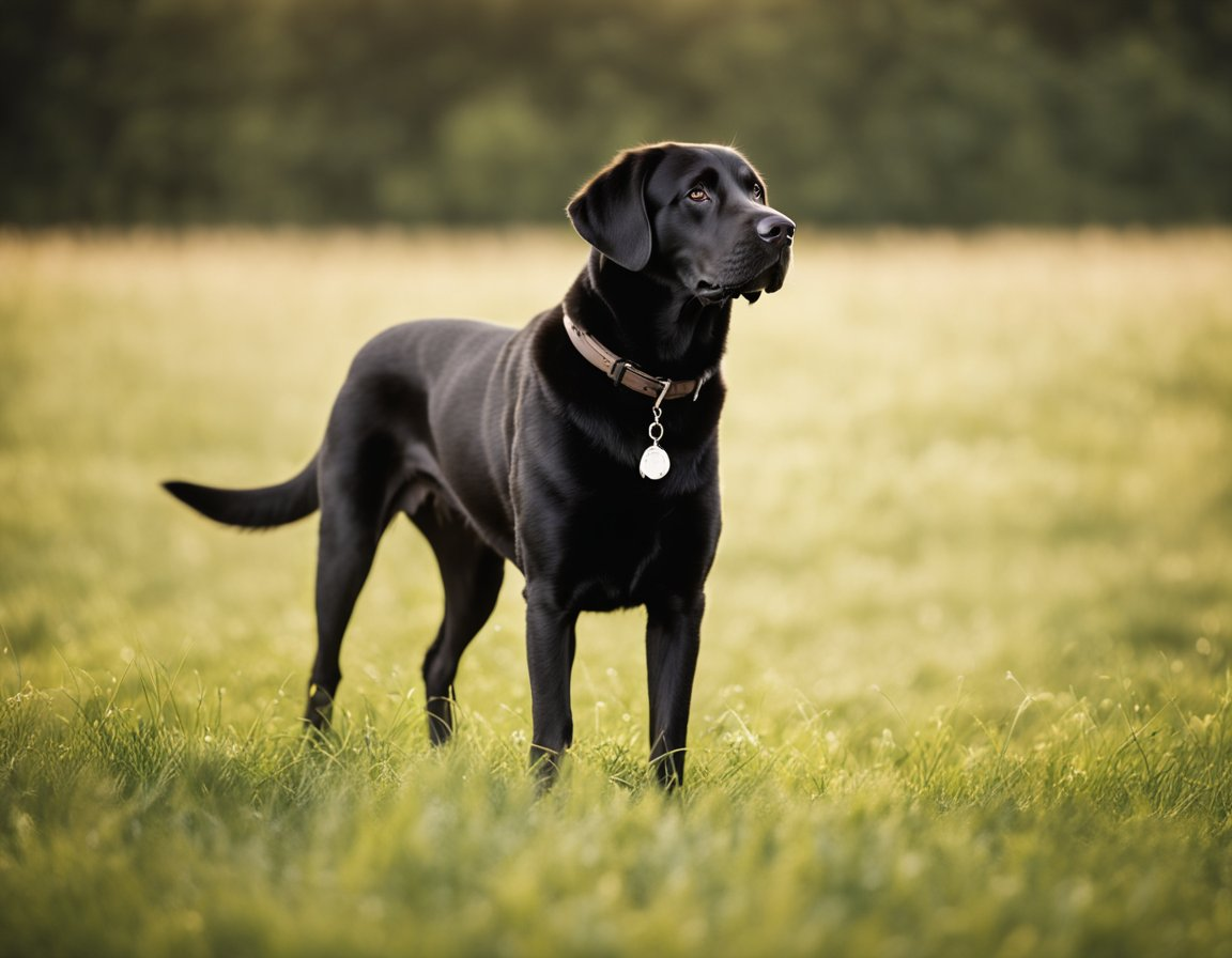 a black labrador retriever standing on a field of grass