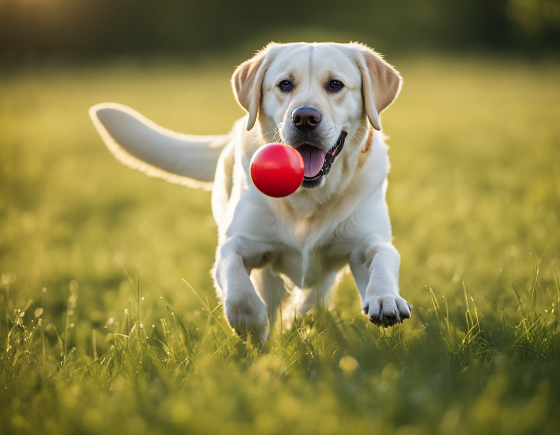 a white labrador retriever catching a red ball