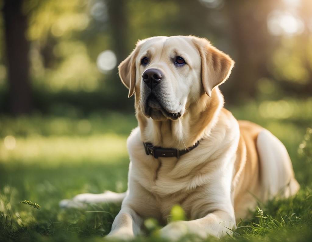 a combination of white and brown labrador retriever sitting on the grass
