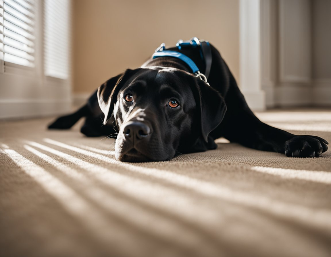 a low energy black labrador retriever laying down on the carpet