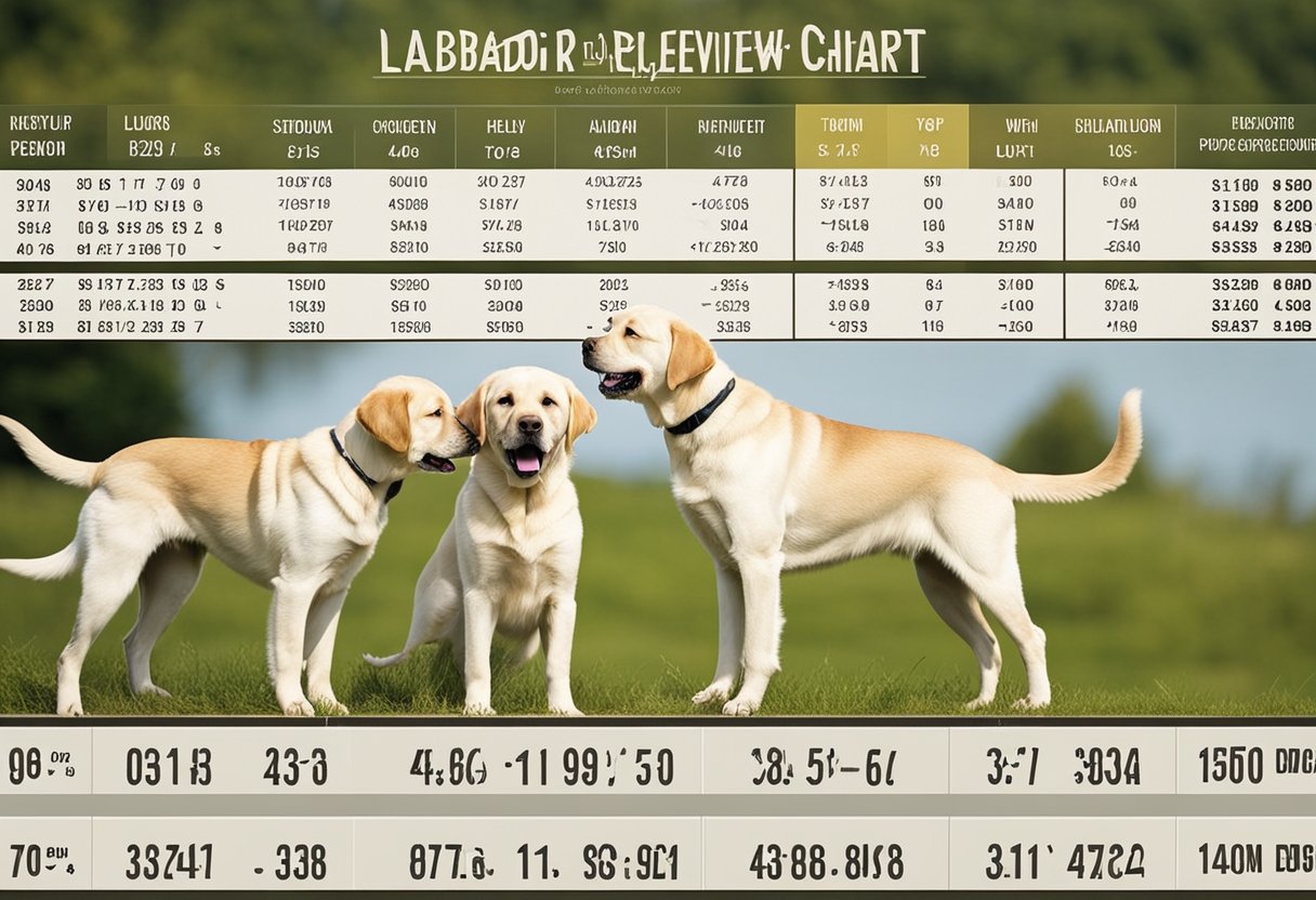 three white labrador retrievers with a growth and weight chart