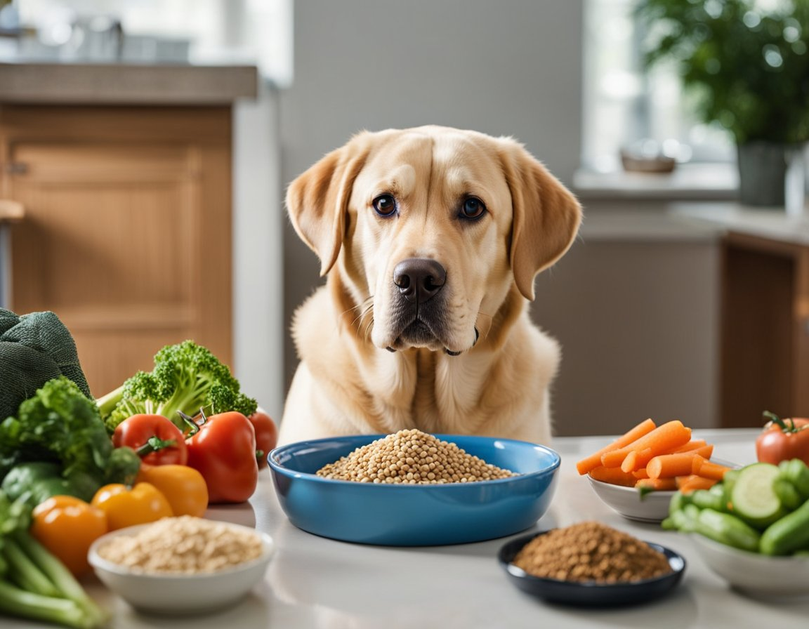 a yellow labrador retriever sitting on the table with different kinds of dog food and vegetables