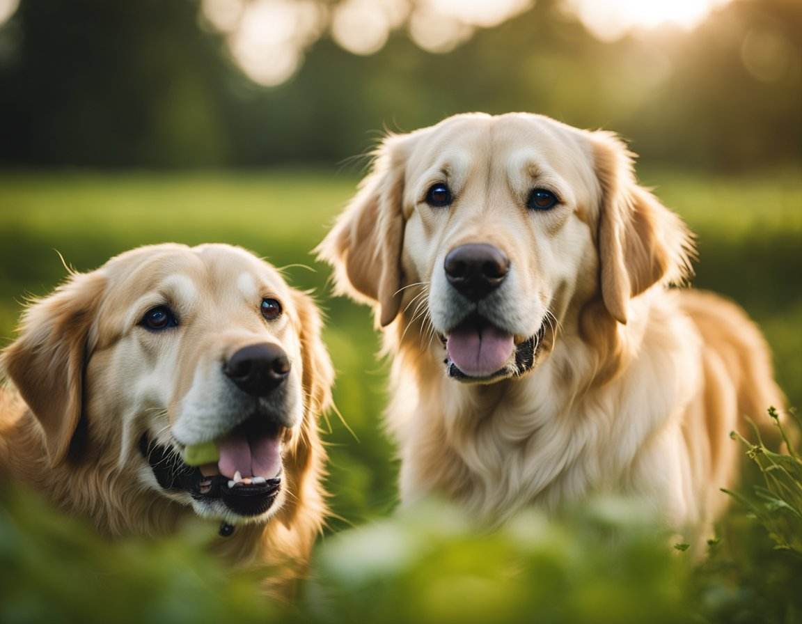 a photo of two golden retrievers together with their mouths open in a grassy field