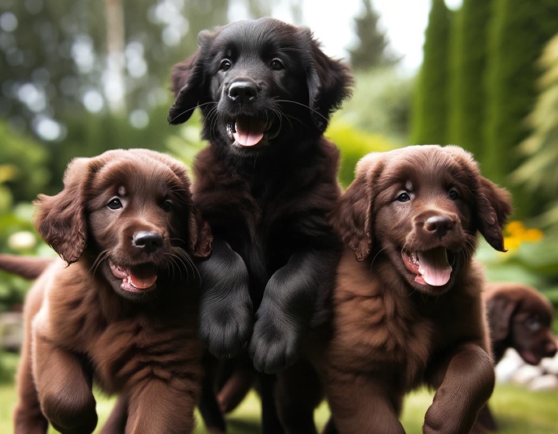 a photo of two brown and one black flat coated retriever puppies with a brown flat coated retriever puppy in the background