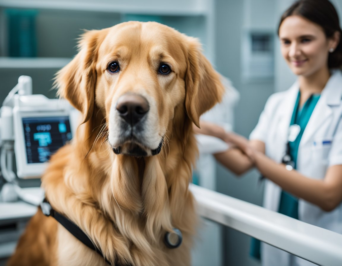 an adult golden retriever during a health screening with a vet on the background