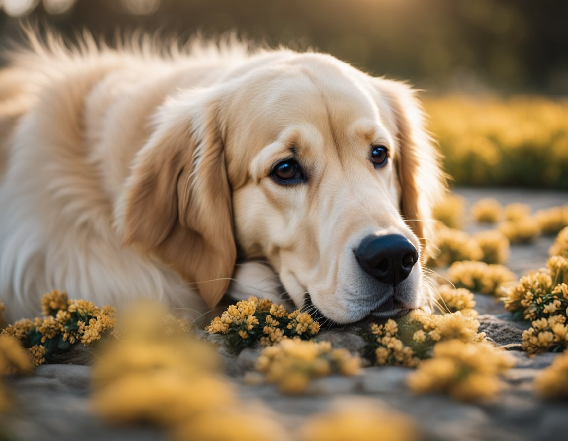 a whitish golden retriever laying on a ground filled with small yellow flowers