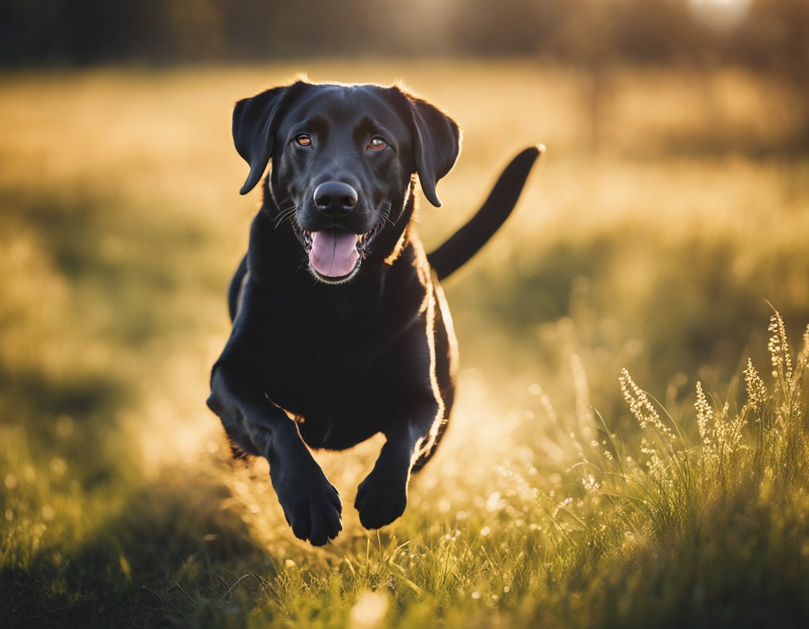 a black Labrador retriever with an open mouth running on a grassy field