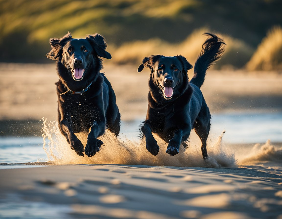 Two black flat-coated retriever running on a water with their mouths open