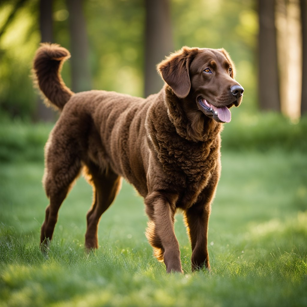 an excited brown Chesapeake bay retriever standing on a ground full of grass