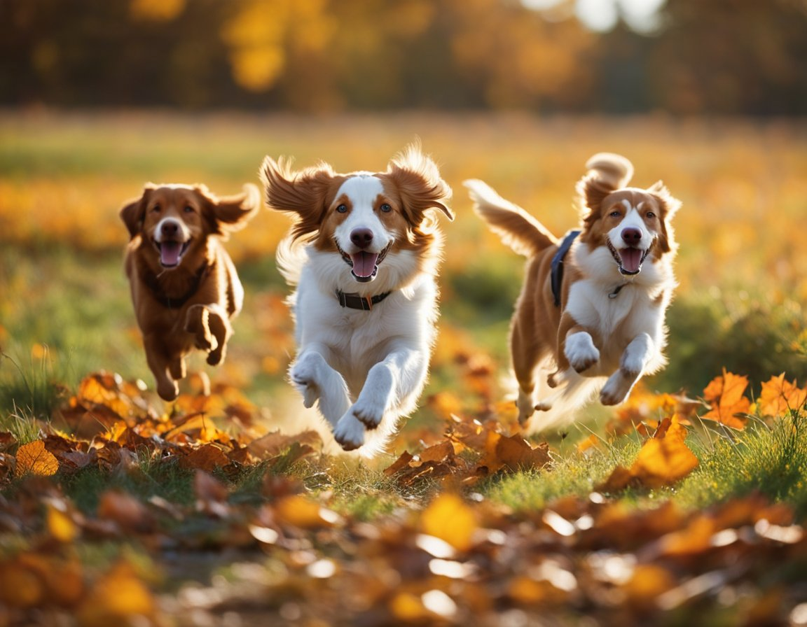 three Nova Scotia Duck retriever with brown and white color running with their mouths open during autumn with fallen leaves on the ground