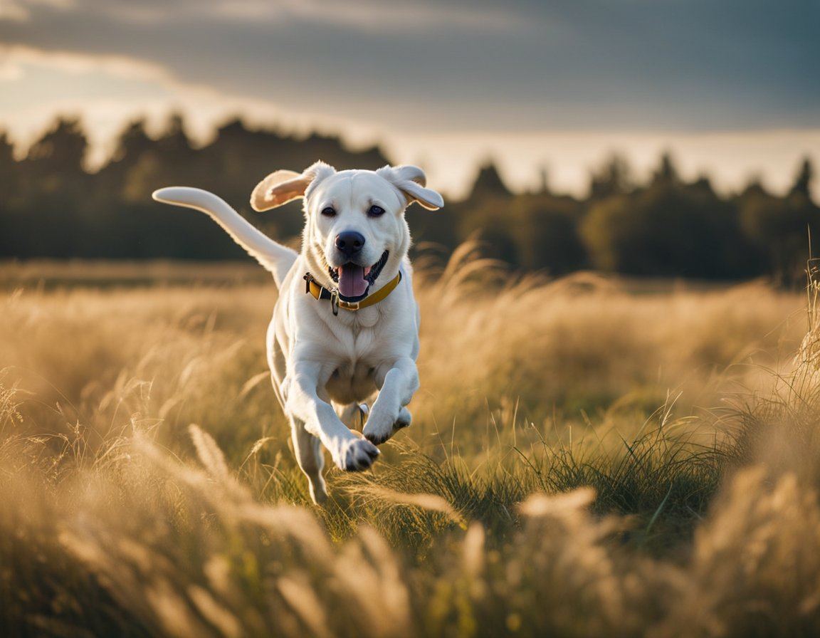 a white labrador retriever jumping on a field of grass