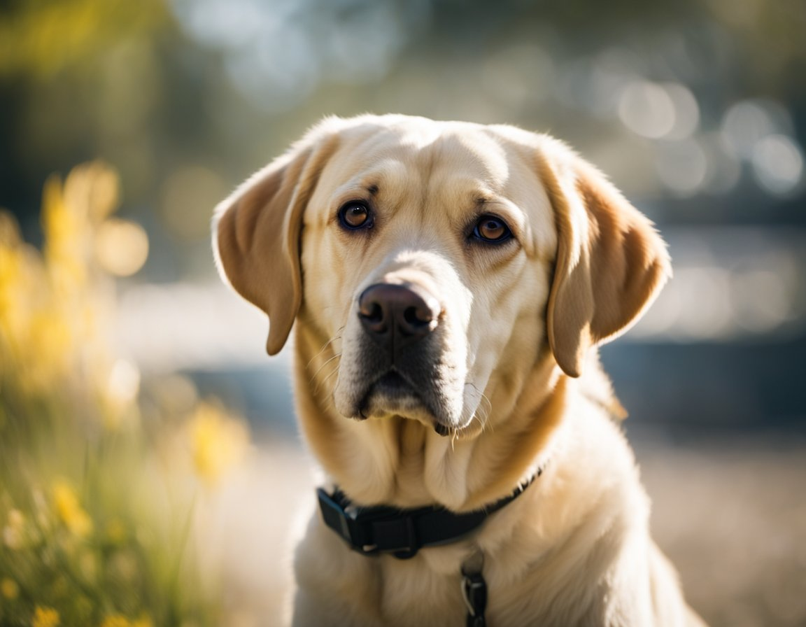 a yellow Labrador retriever with a collar on a broad dayight