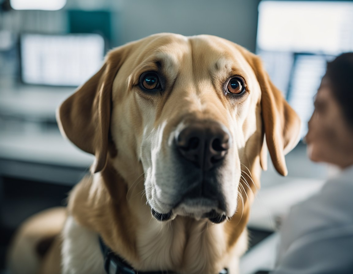 a yellow Labrador retriever on health screening with face on close up