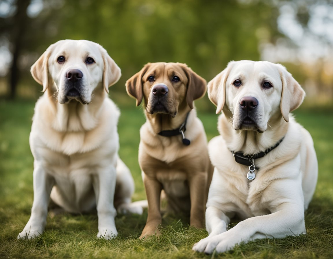 three Labrador retrievers with different colors sitting on a grass