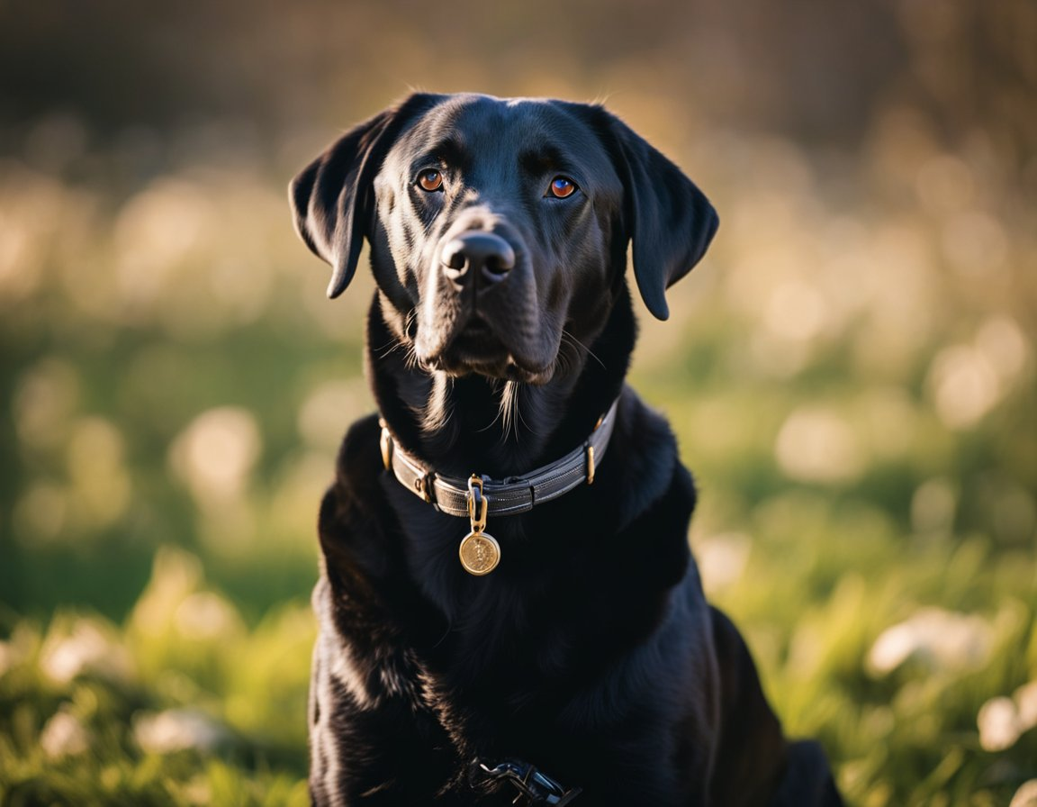 a black labrador retriever sitting on the grass a a face looking straight ahead