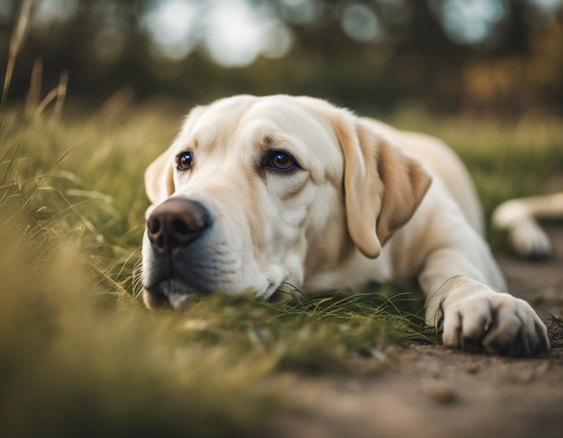 a white labrador retriever laying in the ground with a sad face