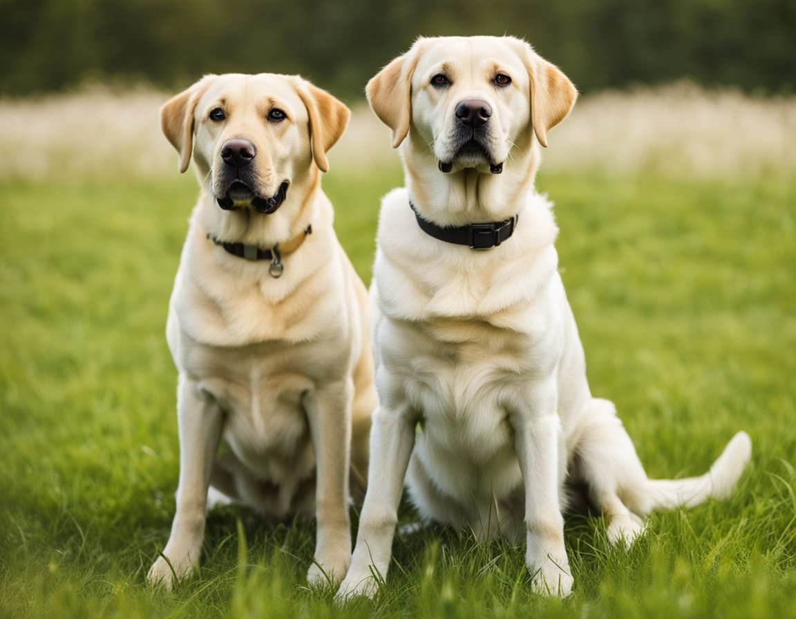 two white labrador retrievers sitting on a field of grass