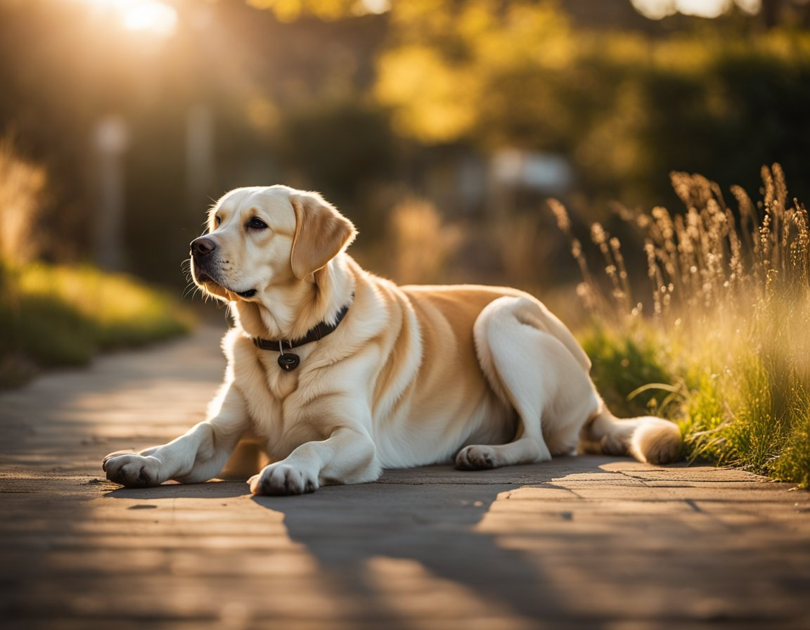a photo of a yellow labrador retriever with collar sitting on a pathway
