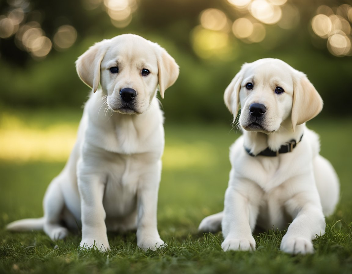 a photo of two white labrador retriever puppy sitting together with the right one with collar