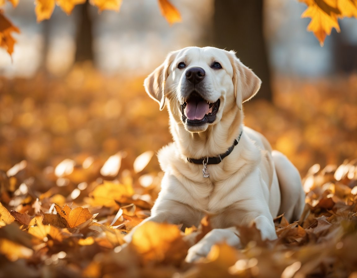 a photo of a white Labrador retriever sitting on a bed of fallen dried leaves