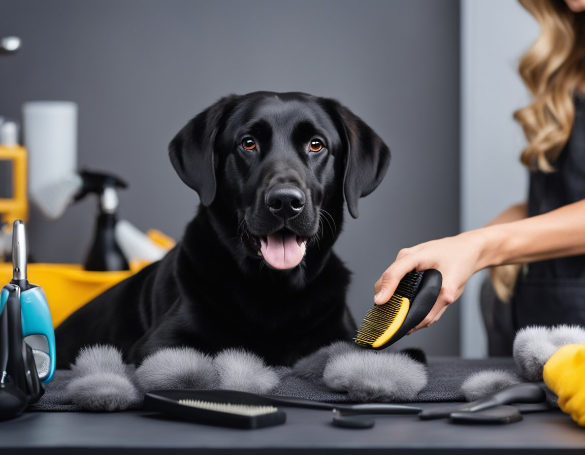 grooming a black labrador retriever