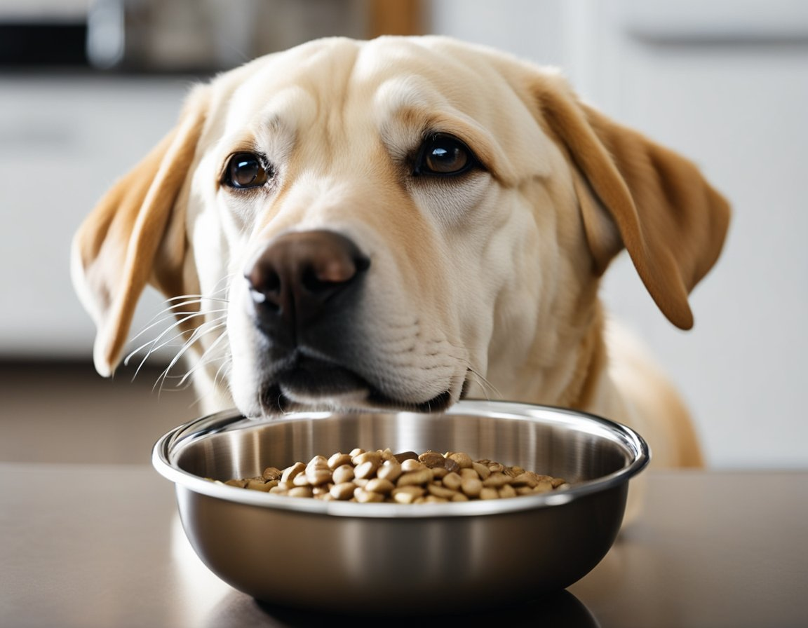 Labrador retriever's face slightly on top of a dog food bowl