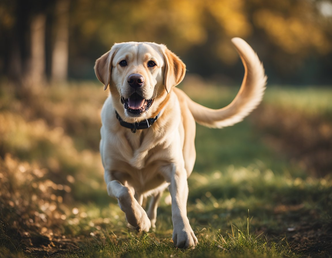 an energetic yellow labrador retriever running on the field