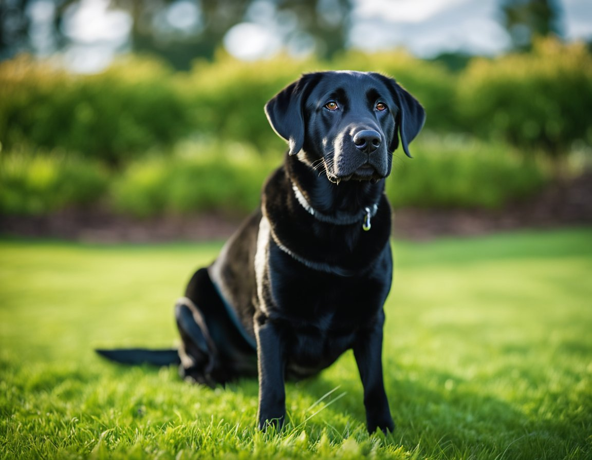 a black labrador retriever sitting on the field of grass