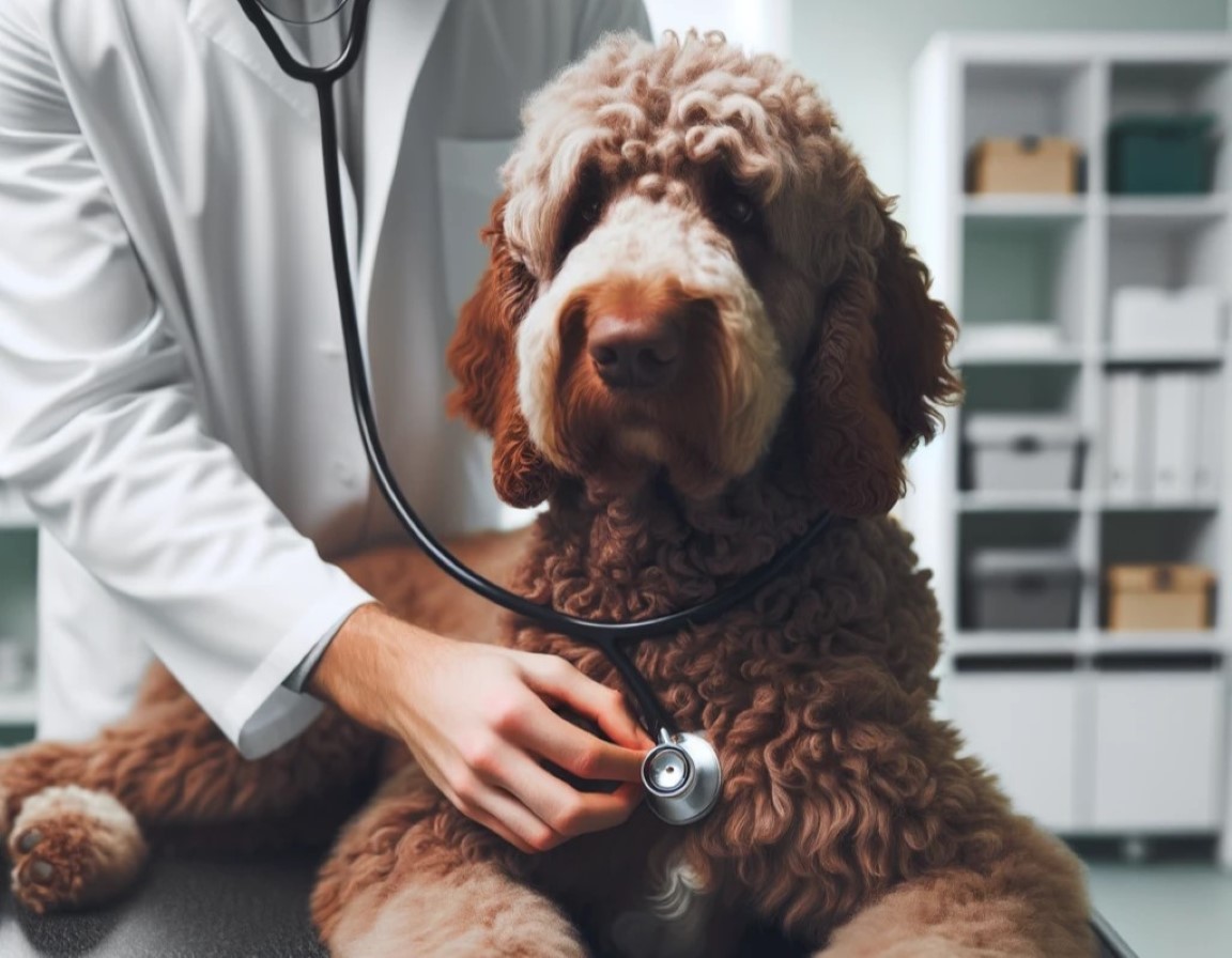 an adult curly coated retriever being checked up by a veterinarian