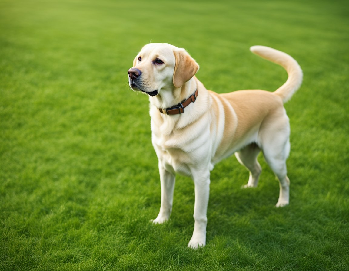 a combination of white and brown labrador retriever standing on the field of grass