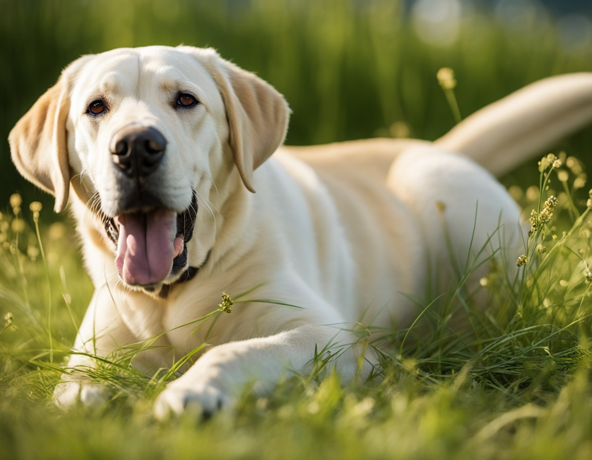 a combination of white and yellow labrador retriever lying on the grass sticking his tongue out and stares