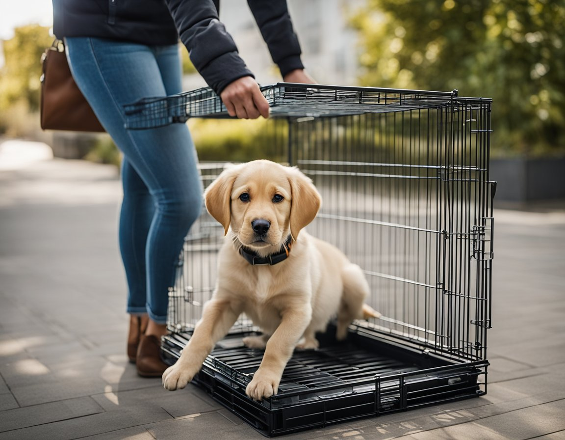dog owner freeing a white labrador retriever from crate