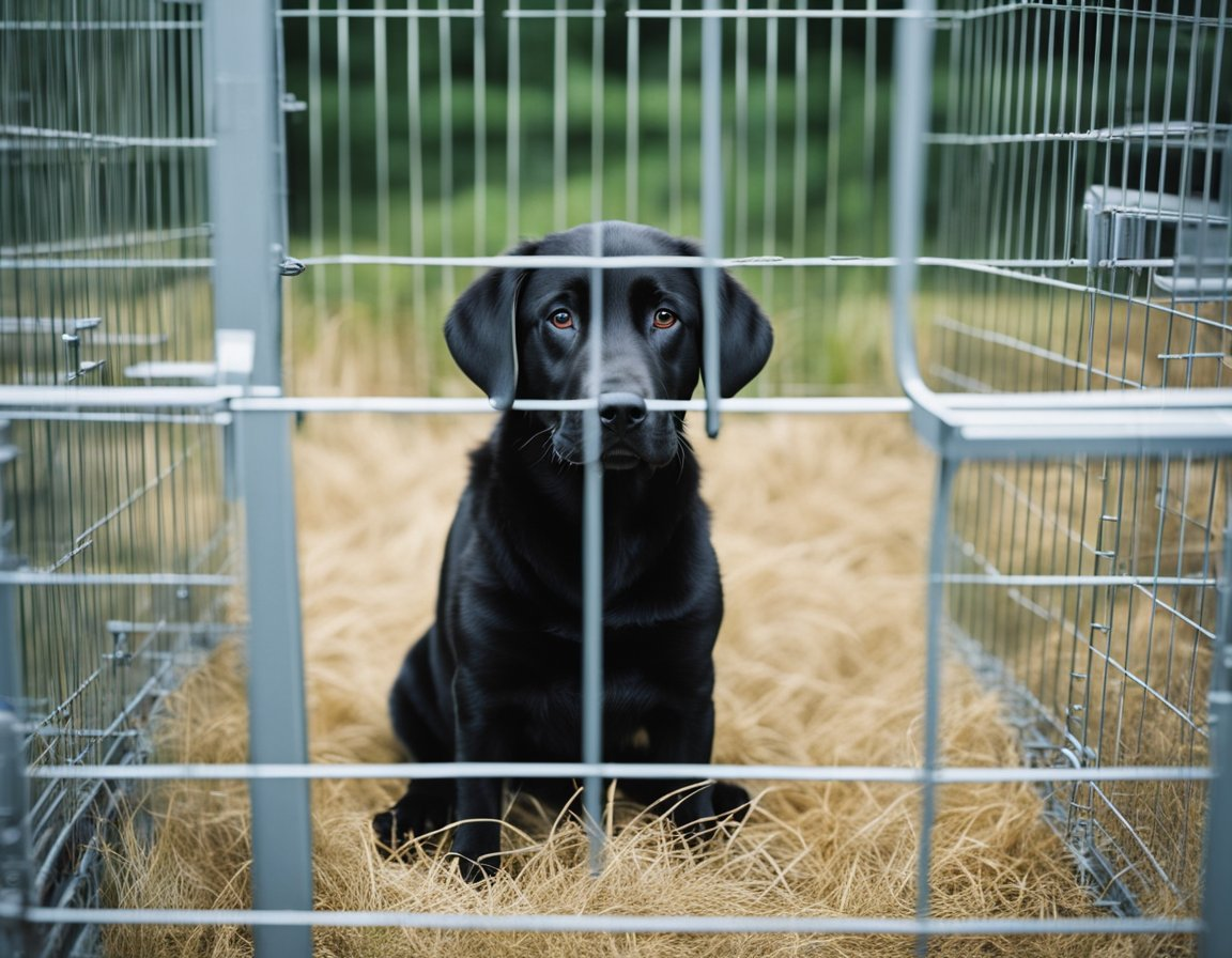 black labrador puppy sad inside the crate
