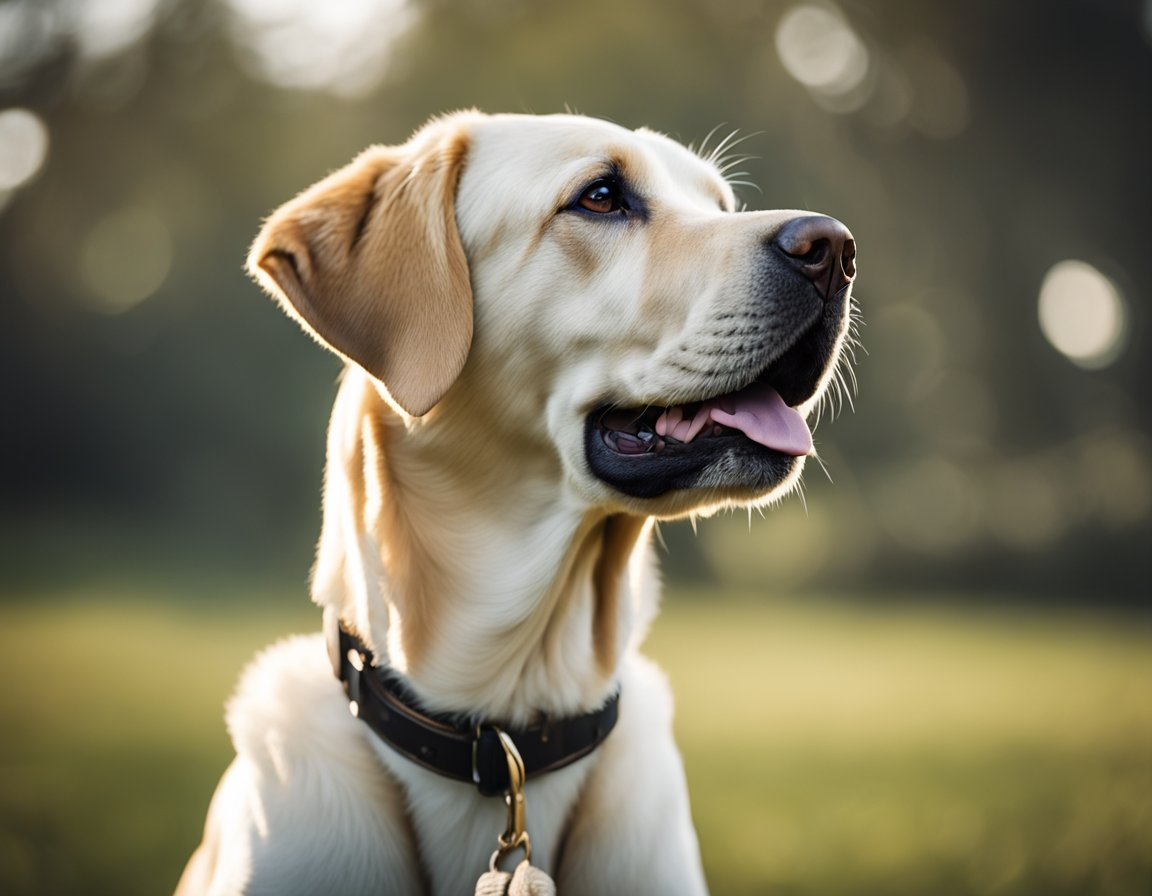 an yellow Labrador retriever with his mouth open wearing a collar